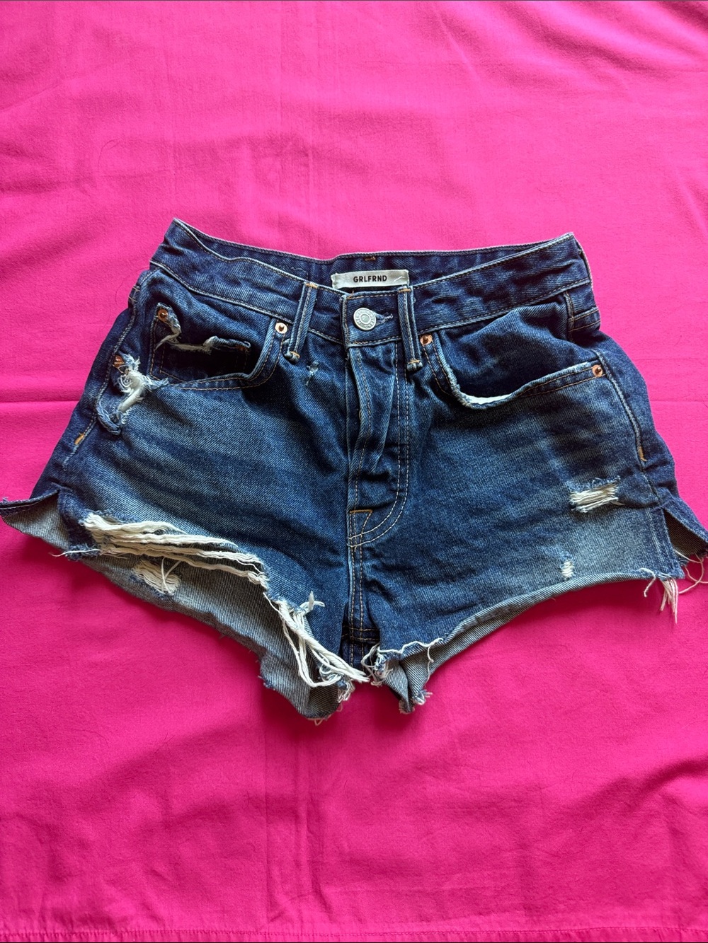 GRLFRND Navy Distressed Denim Cutoff Shorts